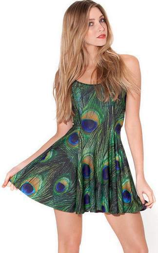 F33057  Pretty Peacock Feather Skater Dress